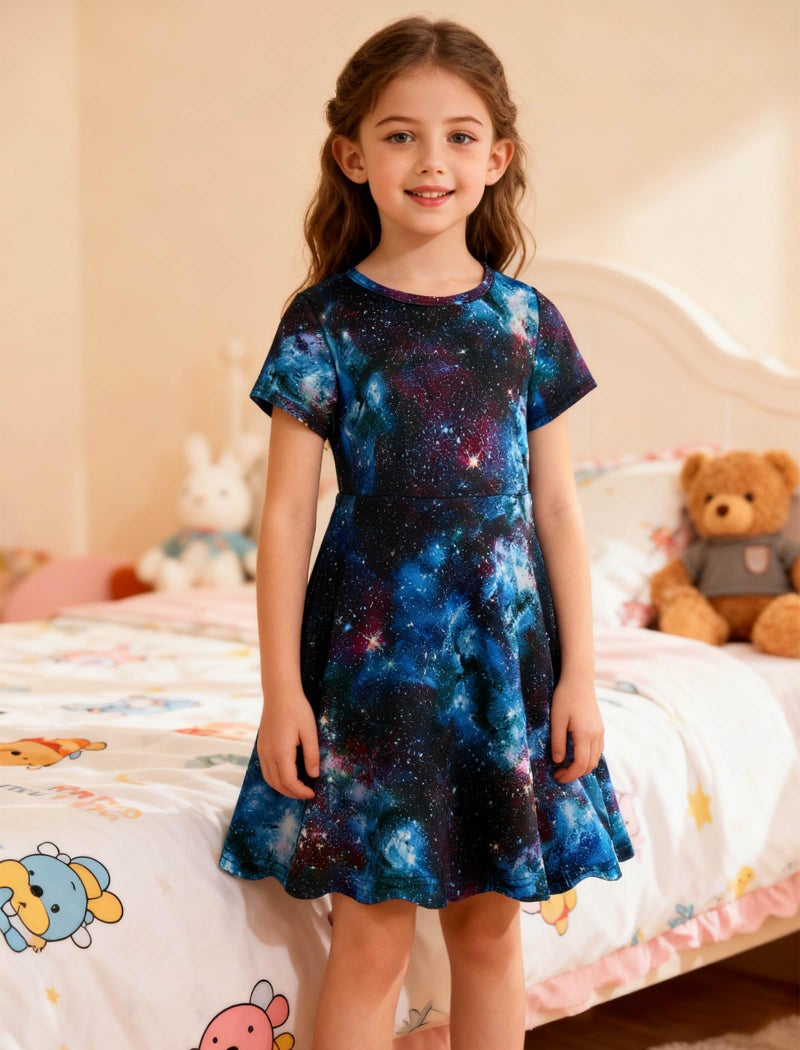 ALISISTER Space Dress Little Girls T Shirt Desses Short Sleeve Outfits Back to School Birthday Party Dance Twirl Kids Sundress Clothes Size 8-9 Years - Image 2